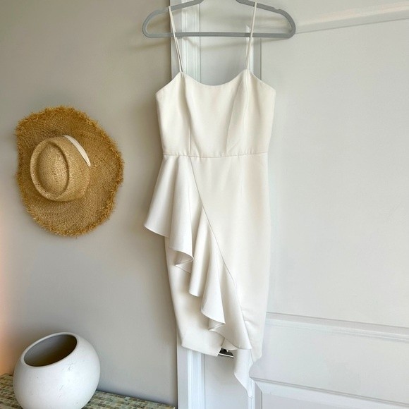 Jay Godfrey Ruffle Trim Asymmetrical Minimalist Sheath Dress Ivory White Bridal